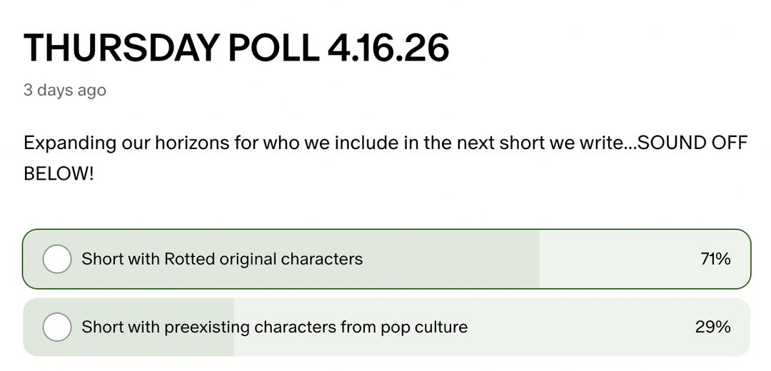 MONDAY POLL RESULTS + NEXT CHARACTER RAFFLE!!! 4.20.26